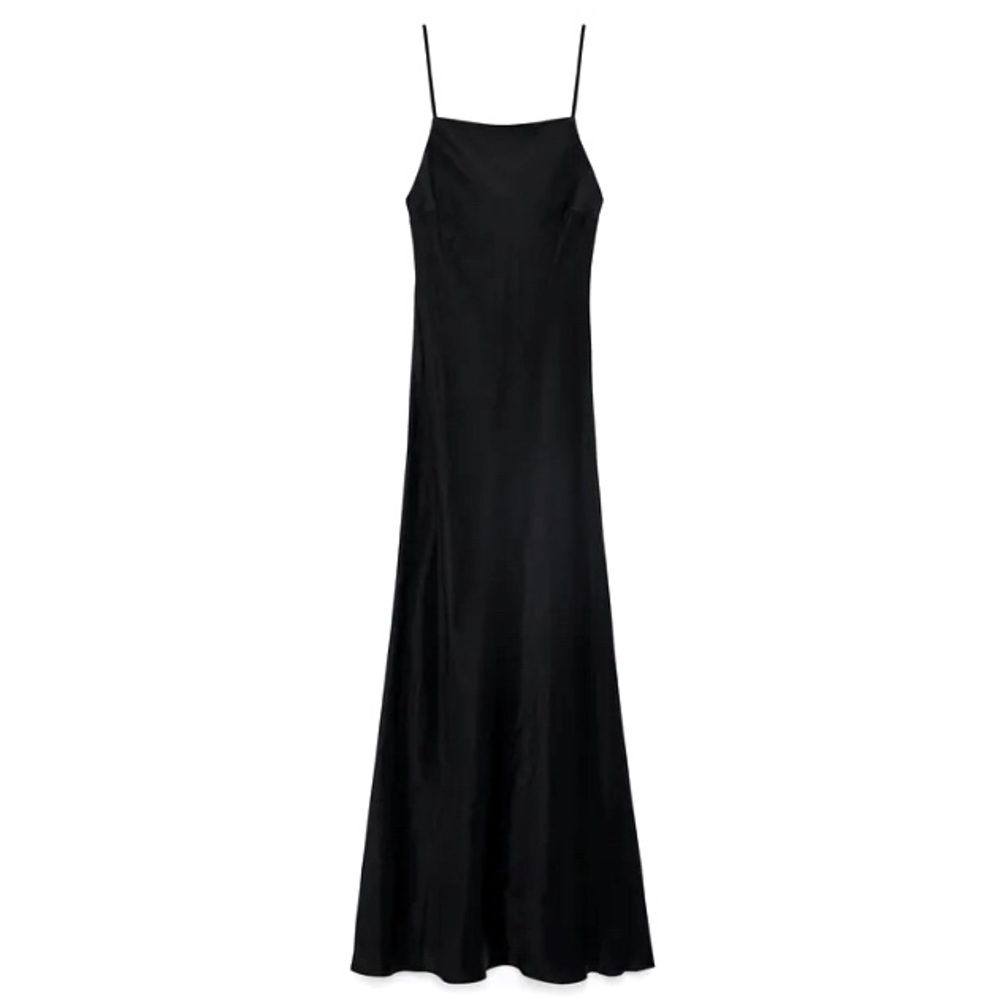 ZARA BLACK SATIN EFFECT MAXI SLIP DRESS ZW COLLECTION ELEGANT LBD EDGY M